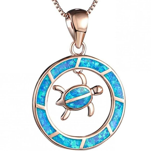 Blue Opal Sea Turtle Circle Rose Gold Necklace - Picture 2 of 7